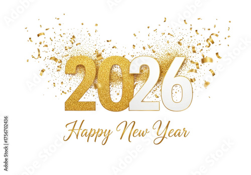 Golden 2026 happy new year text with sparkling confetti isolated on transparent background