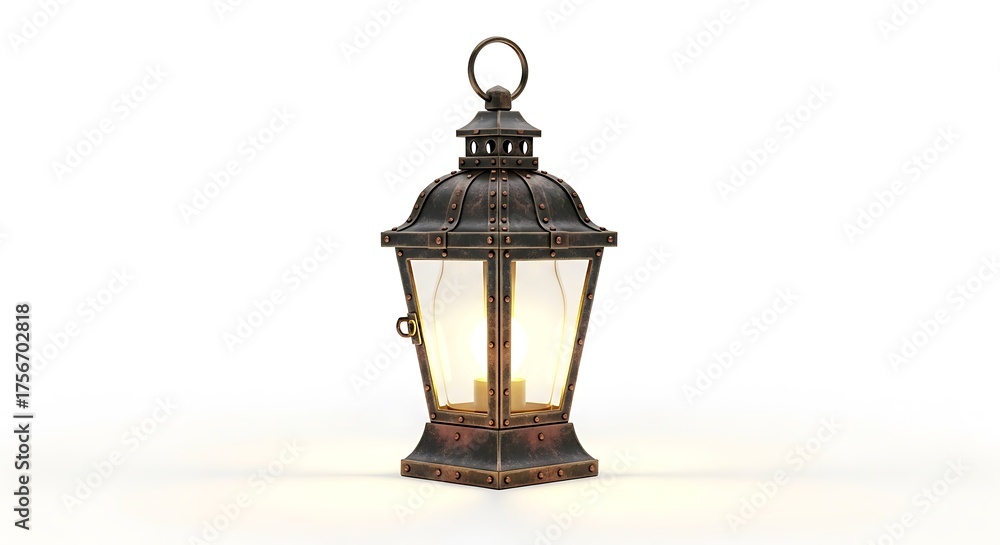 Obraz premium Illuminated Antique Lantern with Soft Warm Glow on a White Background, Vintage Decorative Lighting