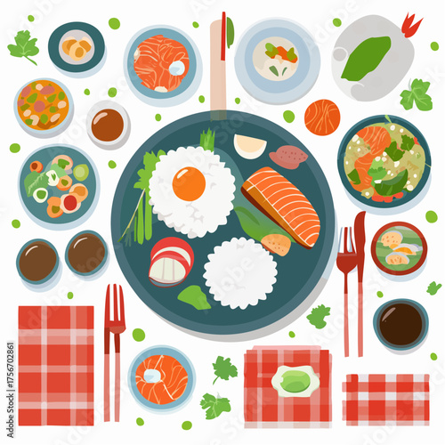 Asian food, traditional Japanese lunch, dining table serving.