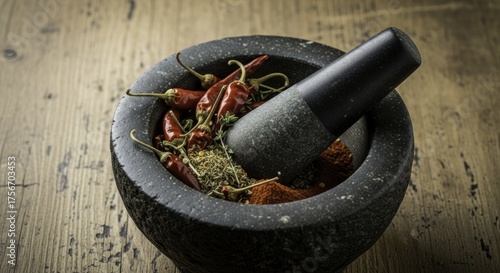 Fototapeta Naklejka Na Ścianę i Meble -  Rustic stone mortar and pestle with dried red chili peppers, aromatic herbs, and chili powder on a textured wooden table for culinary spice preparation.