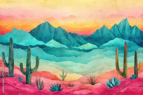 Digital illustration desert landscape mountains background sky painted Crumpled paper art depicting