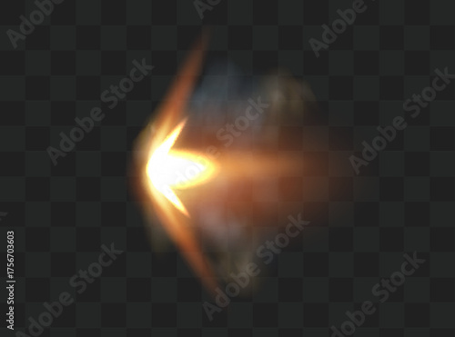 Gun flashes with smoke and fire sparkles. Pistol shots clouds, muzzle shotgun explosion. Blast motion, weapon bullets trails isolated on black background.