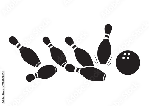 Vector art of bowling ball hitting pins in black and white