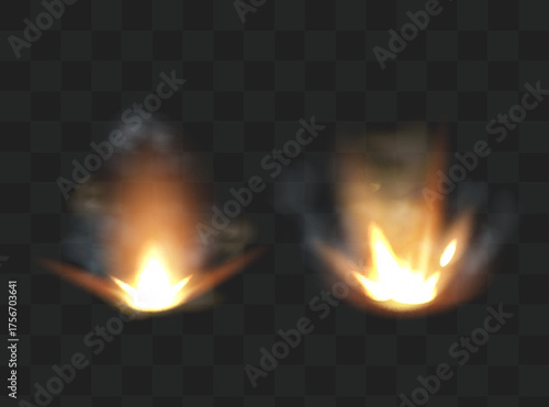 Gun flashes with smoke and fire sparkles. Pistol shots clouds, muzzle shotgun explosion. Blast motion, weapon bullets trails isolated on black background.