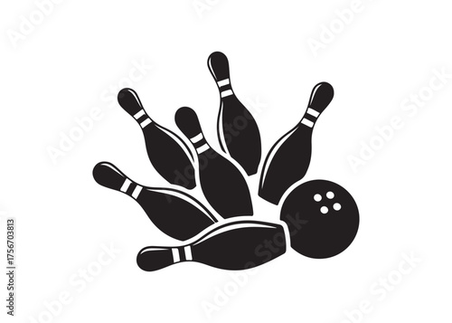 Vector art of bowling ball hitting pins, a strike in the game