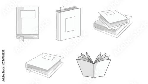 Monochromatic Vector Set of Books and Reading Icons, featuring Closed, Stacked, and Open Volumes with Bookmarks and Blank Covers for Content