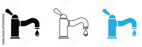 Modern faucet with dripping water symbol for conservation and plumbing,Water tap with drop vector icon set isolated on white background