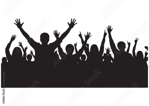 Vector art of silhouette of a large crowd of people with raised hands