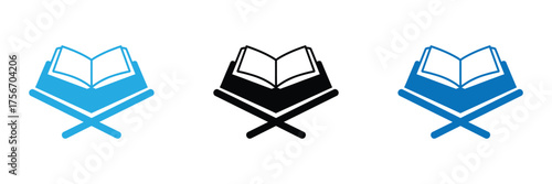 Open Quran book icons for religious studies and spiritual education,Quran book on stand vector icon set isolated on white background