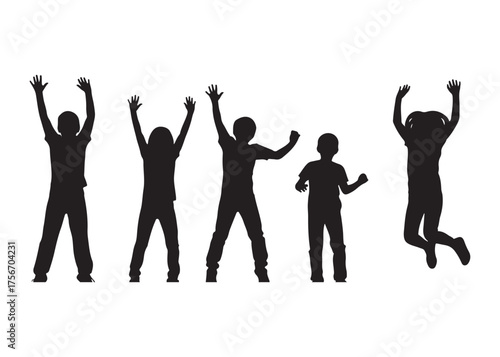 Vector art of silhouette of a group of children jumping and raising hands