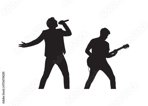 Vector art of silhouette of singer with microphone and guitarist