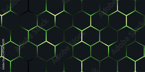 Dark hexagonal technology vector abstract background. Green bright energy flashes under hexagon in futuristic illustration modern technology background. Vector Illustration
