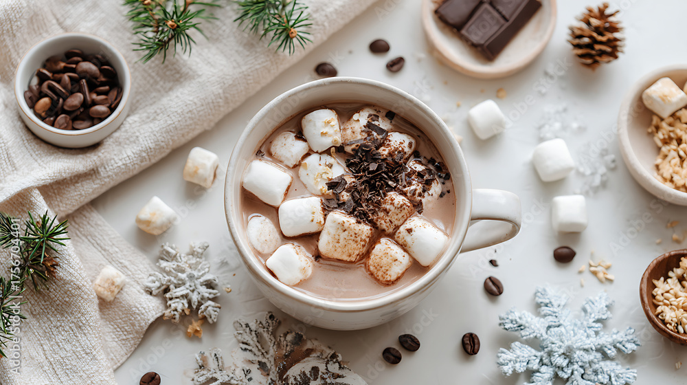 Obraz premium Flat lay of rich hot chocolate with toasted marshmallows and chocolate shavings, styled with snowflake decor on a clean white table.