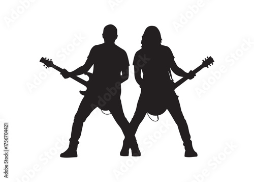 Vector art of silhouette of two guitarists performing on stage