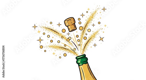 Illustration of a champagne bottle cork popping with a spray of golden glitter and stars for a celebration.