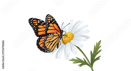 A vibrant monarch butterfly with orange and black wings delicately perched on a white daisy flower.