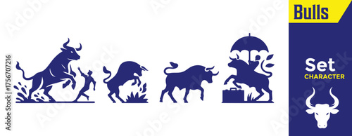 financial fortress bullish strength, growth, and market protection symbol set, isolated on transparent background