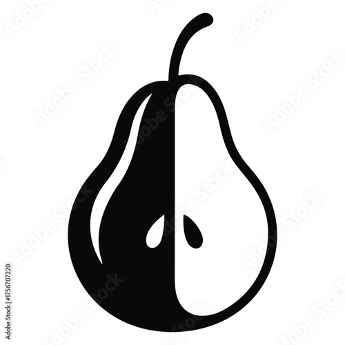 Stylized black and white graphic illustration of a halved pear with contrasting dark and light sides