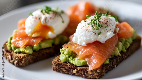 Delicious avocado toast layered with smoked salmon slices and perfectly poached eggs, captured in bright, modern lighting.