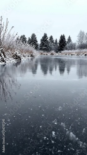 Frozen over, a small pond_s surface reflects the grey winter firmament.