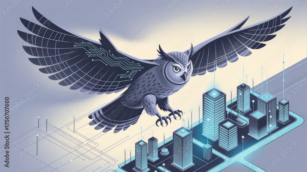 Obraz premium Digital Owl Flying Above Futuristic Cityscape with Technology Elements