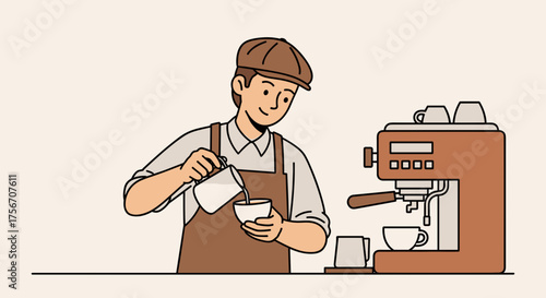 Barista preparing specialty coffee with milk frother on espresso machine cartoon illustration