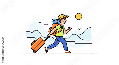 Happy traveler with backpack and suitcase running towards adventure isolated on white background