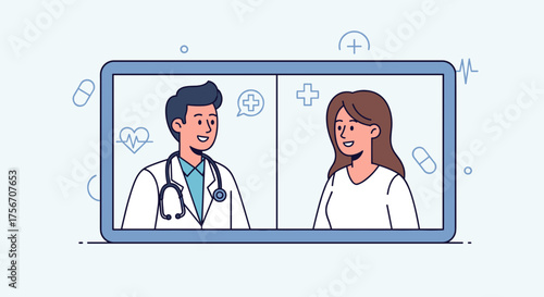 Doctor and patient video call healthcare consultation remote medical advice online diagnosis illustration