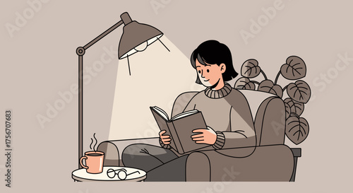 Young woman reading a book in a cozy armchair under a lamp with a cup of coffee on the side