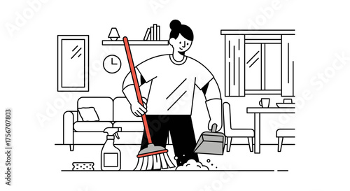 Cartoon illustration of a woman cleaning a living room with a broom and dustpan