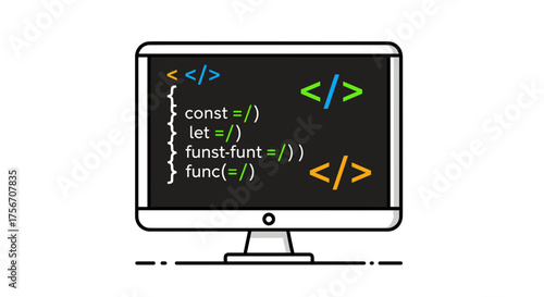 Computer Screen Displaying Abstract Code Snippets With Various Tags and Braces Isolated On White Background