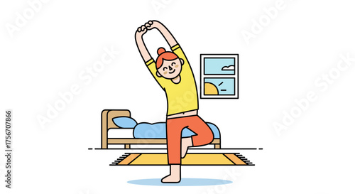 Woman doing a morning yoga stretch in a bedroom with a bed and window illustration