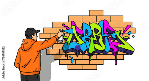Young man in orange hoodie spray painting colorful graffiti art on brick wall isolated on white background