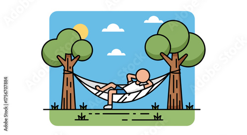 Person relaxing in a hammock between two trees enjoying a sunny day in nature