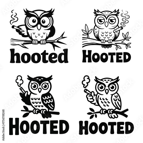 Four cartoon owls sitting on branches smoking cigarettes with the word hooted below each illustration