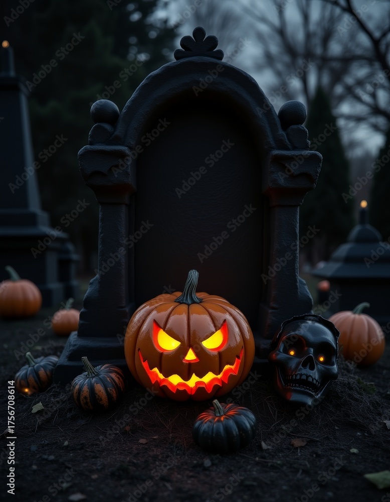 Obraz premium Spooky tombstone scene halloween pumpkin and skull render on black halloween costumes holiday party horror design custom scary