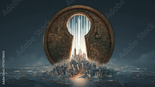 Keyhole to the City: A conceptual image of a giant keyhole revealing a bustling cityscape. This represents the unlocking of urban potential, innovation, or solutions.