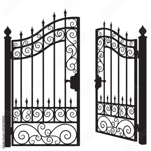 Ornate Wrought Iron Gate Open Silhouette on White Background
