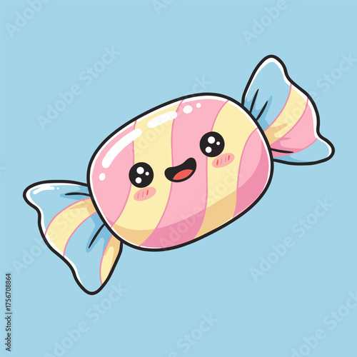 A joyful, striped pastel rainbow candy drawn in a kawaii style against a light blue background.