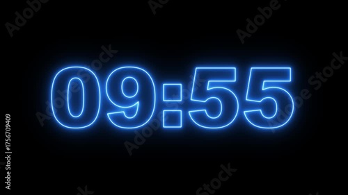 glowing neon 10 minute Countdown timer. neon 10 to 9 minute Countdown timer on black background.