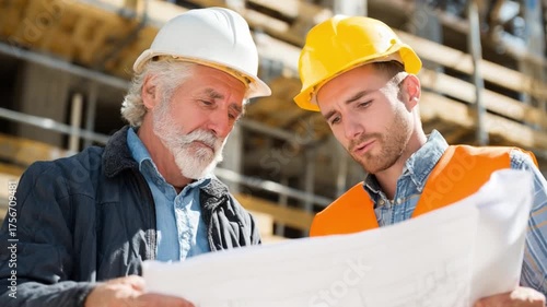 Construction Planning: Two construction workers wearing hard hats, engrossed in a detailed blueprint, collaborating on a building project, representing teamwork.