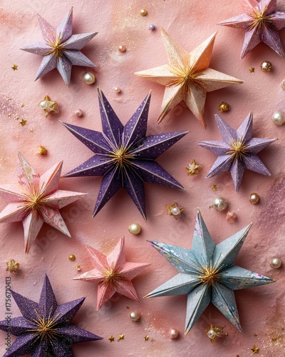 Colorful Paper Stars on Pink Background for Festive Decoration