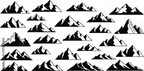 25 Unique Black Mountain Silhouettes Vector Sheet – Minimal Flat Geometric Peaks and Hills, Layered Outdoor Landscape Illustration