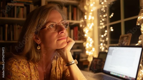 Contemplation under Glow: A contemplative individual gazing toward the illumination of fairy lights, her gaze lost in thought within a cozy setting with a laptop and books. 