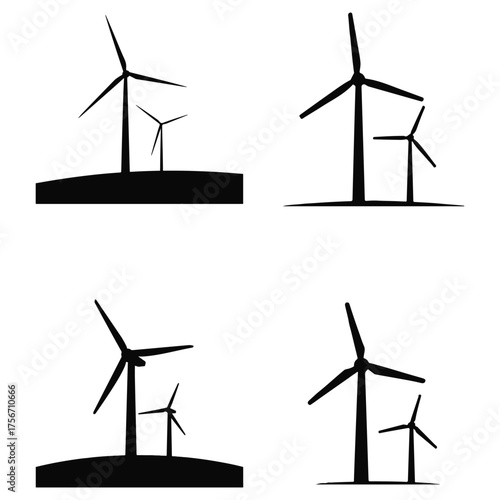 Four silhouette illustrations of wind turbines on a hilltop representing renewable energy and clean power generation