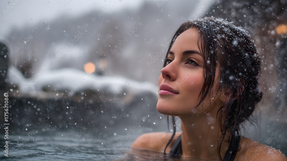 Obraz premium Woman enjoys a relaxing soak in hot springs surrounded by falling snow.