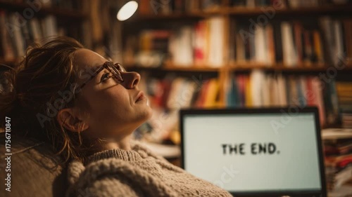 Dreaming of the End: A woman gazes upward with a thoughtful expression, her laptop screen displaying The End amid a backdrop of bookshelves and warm ambient lighting.