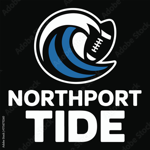 Northport tide logo featuring a stylized wave and football on a black background
