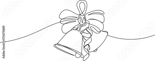 One line art Christmas bells - Minimalist continuous line drawing with ribbon and bow vector illustration