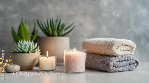 Serene Spa Scene: Tranquil spa setup featuring lit candles, soft towels, potted plants, and decorative elements, creating a peaceful atmosphere.